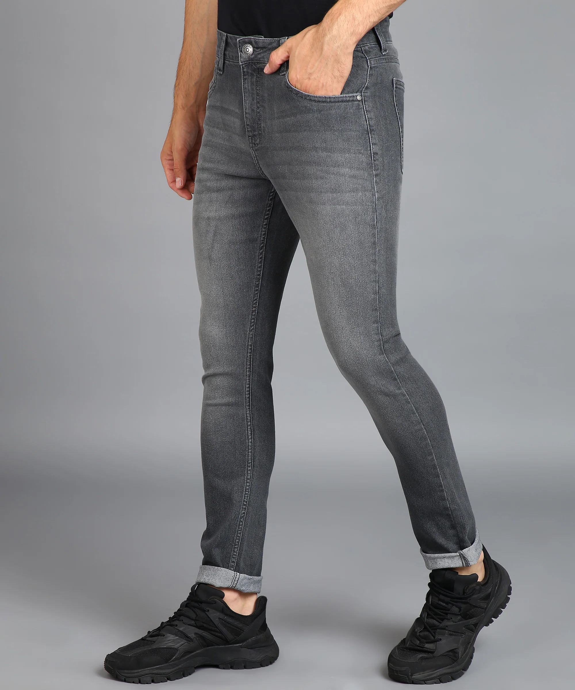 Men's Grey Regular Fit Washed Jeans Stretchable - Image 3