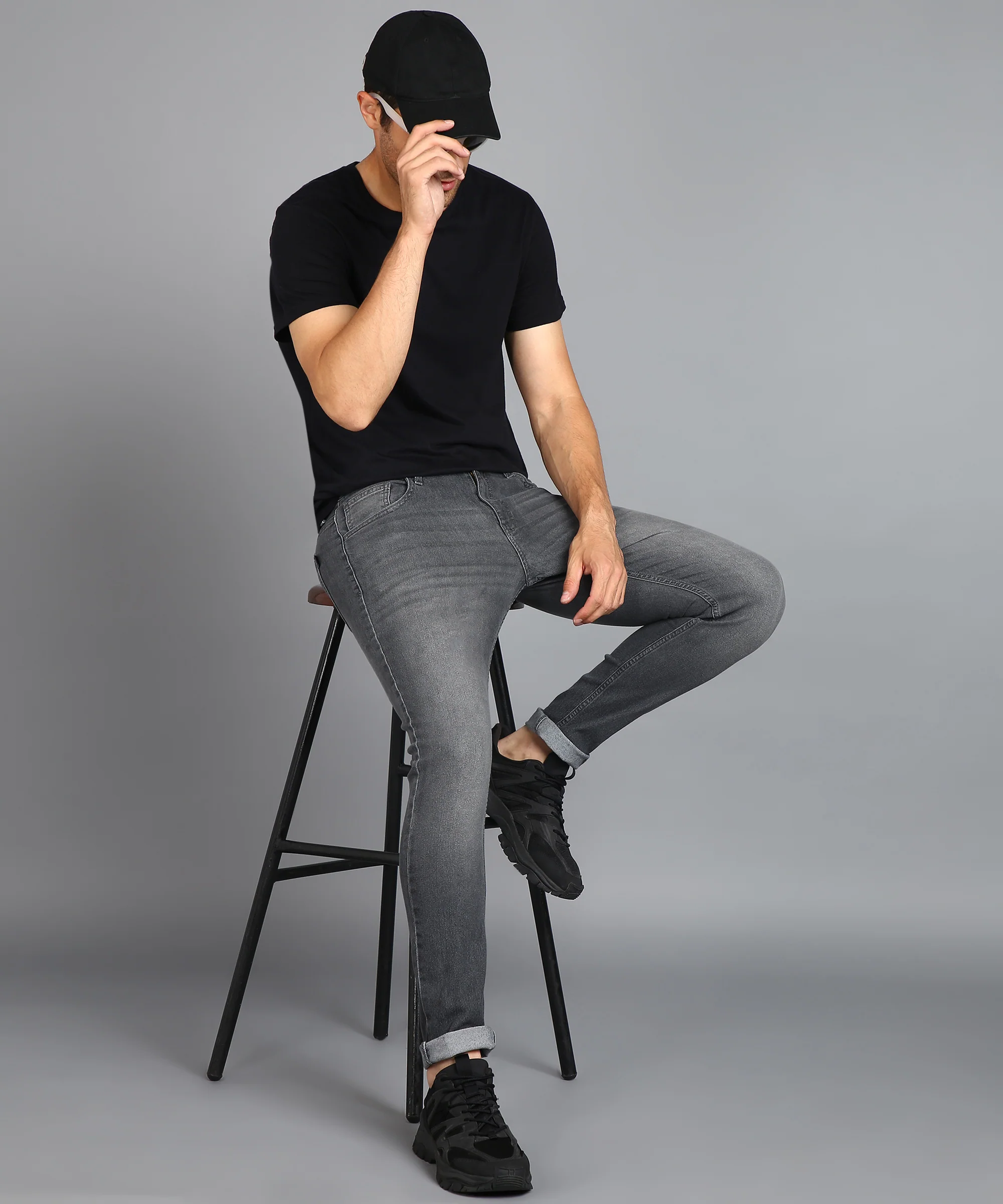 Men's Grey Regular Fit Washed Jeans Stretchable - Image 5