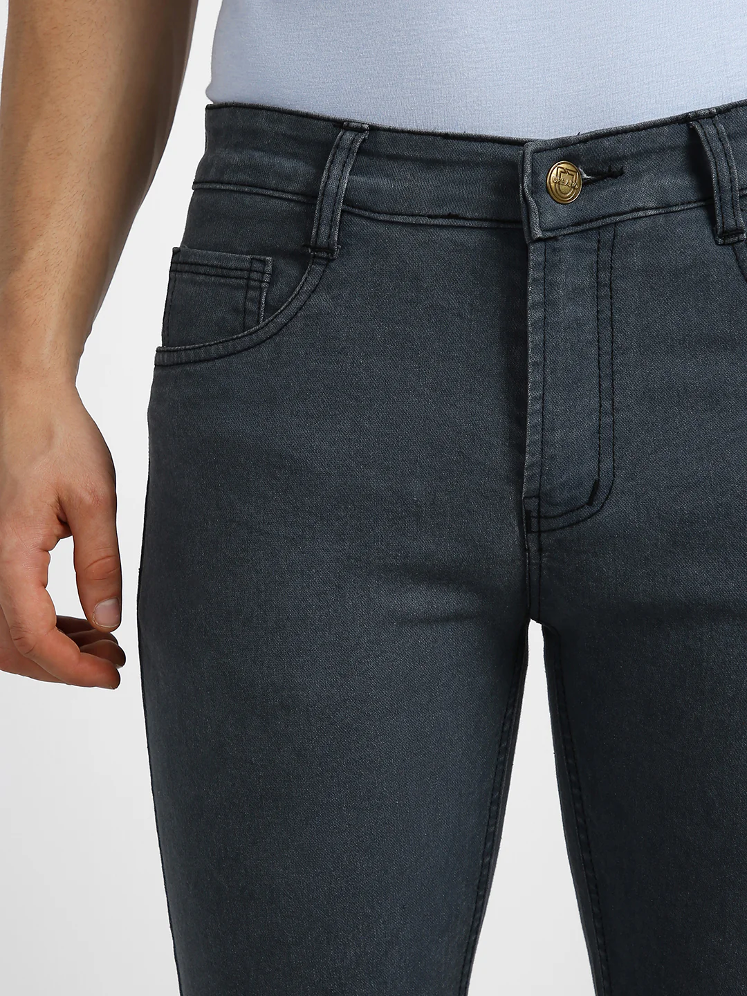 Men's Grey Regular Fit Washed Jeans Stretchable - Image 5