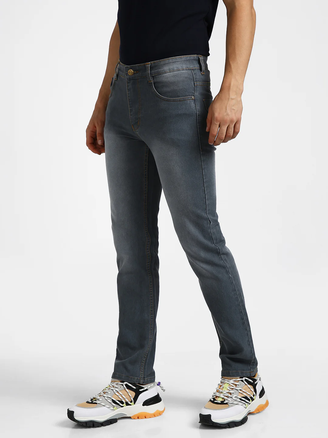 Men's Grey Regular Fit Washed Jeans Stretchable - Image 2