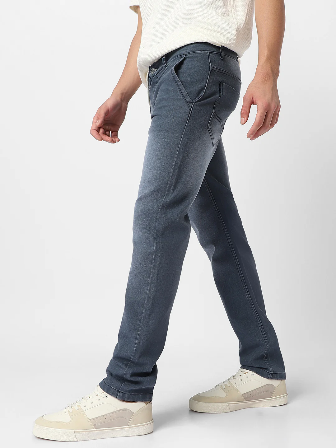 Men's Grey Regular Fit Washed Jeans Stretchable - Image 2