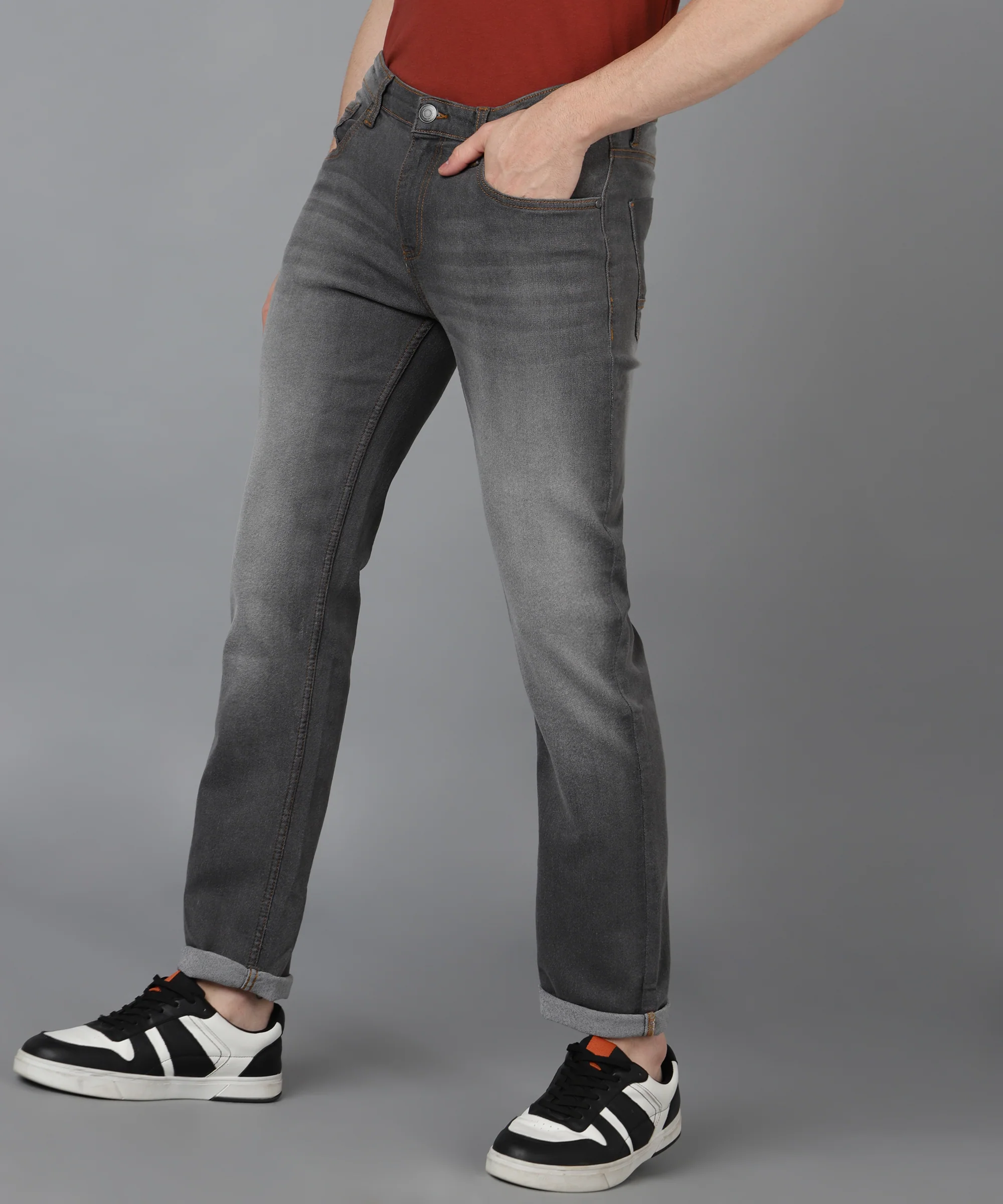 Men's Grey Regular Fit Washed Jeans Stretchable - Image 2