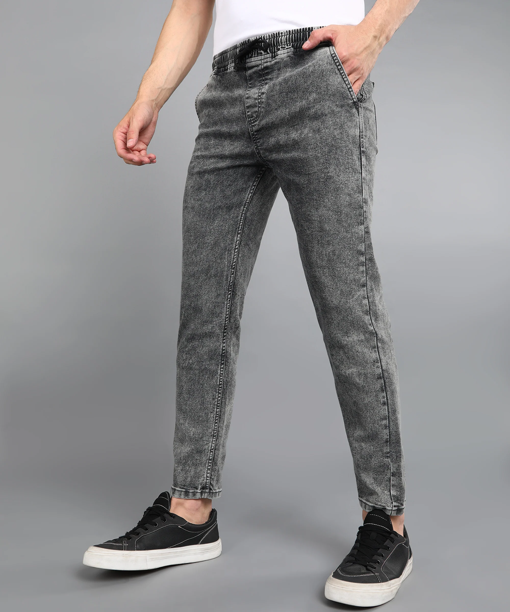 Men's Grey Regular Fit Washed Jogger Jeans Stretchable - Image 3