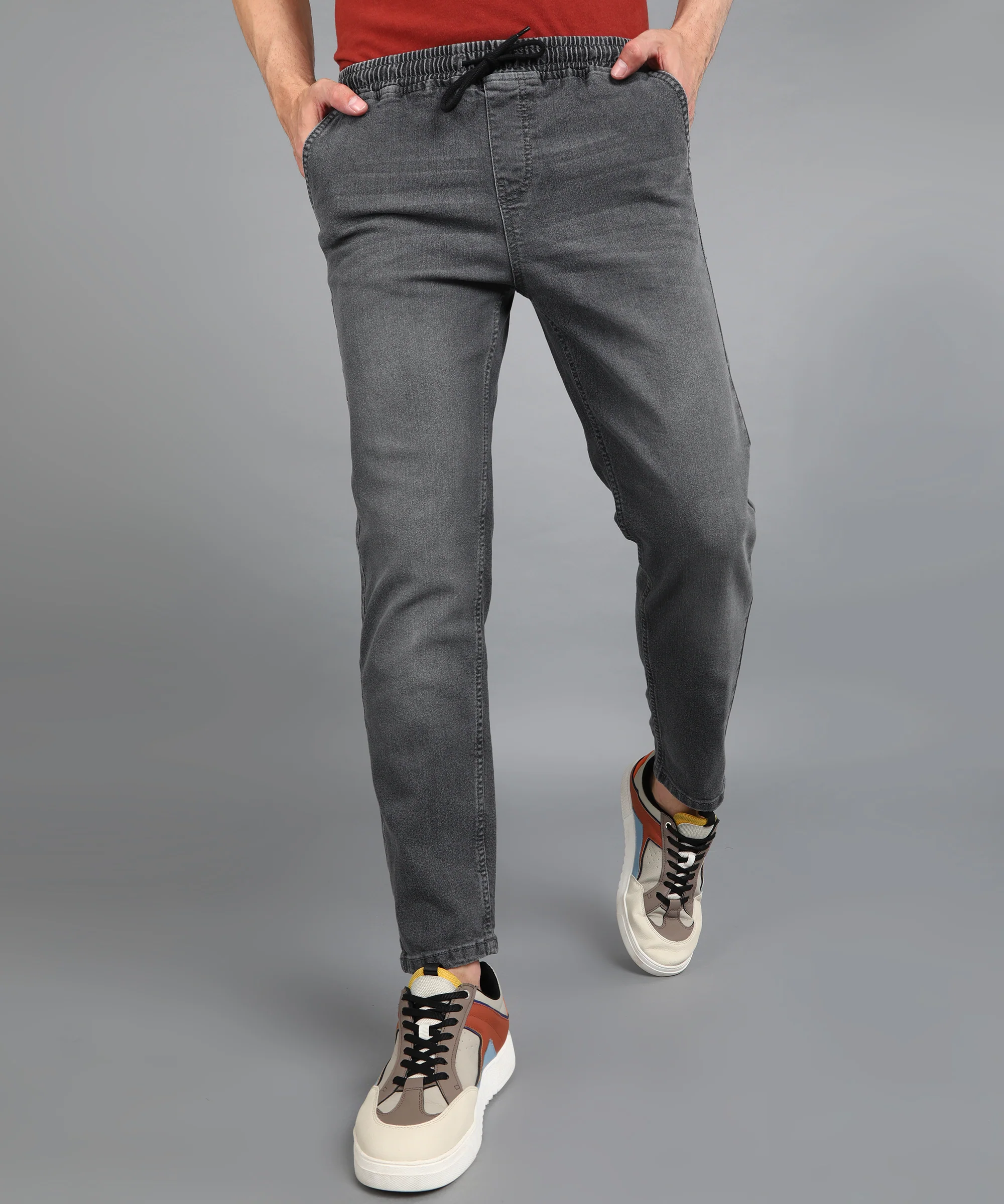 Men's Grey Regular Fit Washed Jogger Jeans Stretchable - Image 2