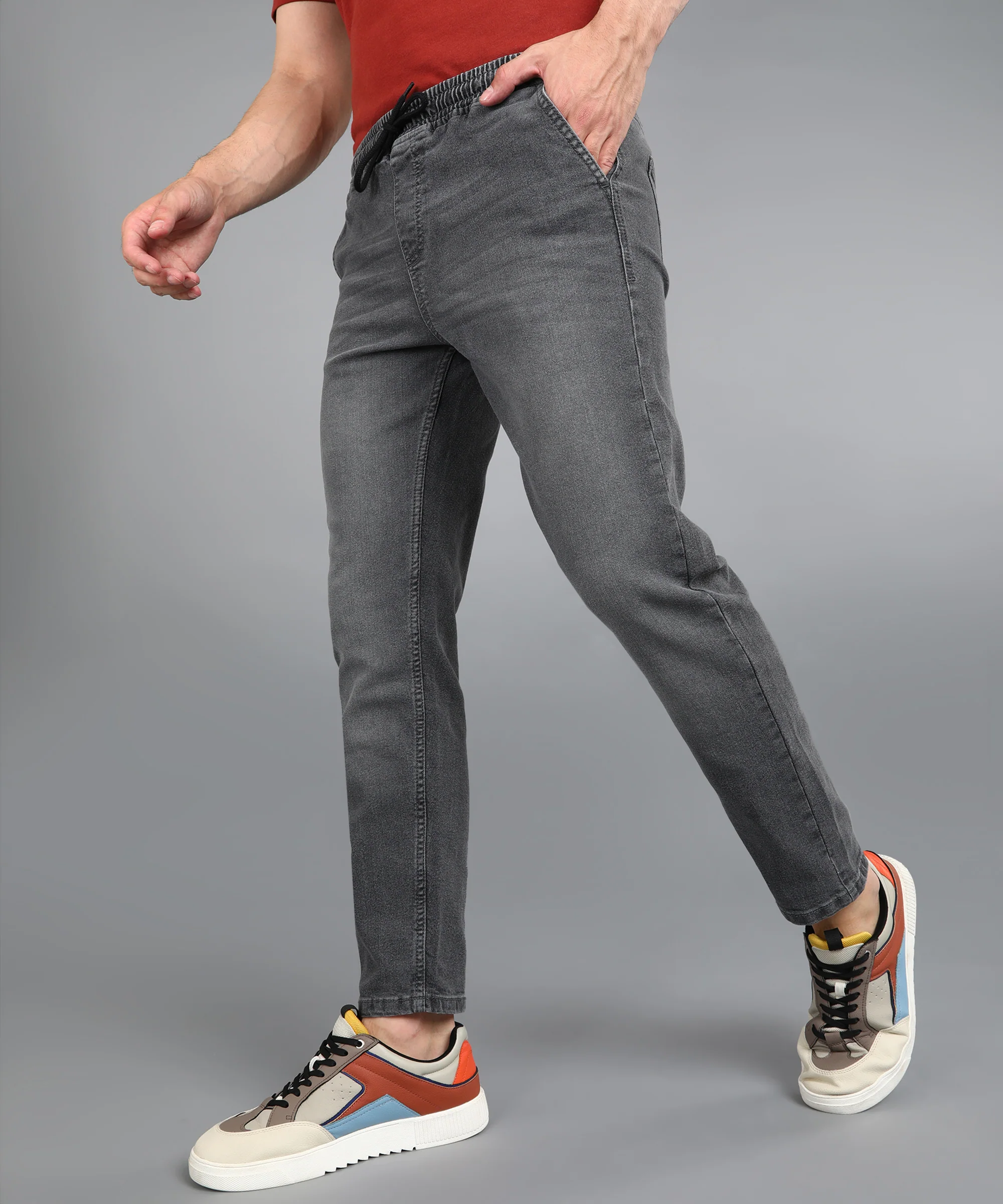 Men's Grey Regular Fit Washed Jogger Jeans Stretchable - Image 3