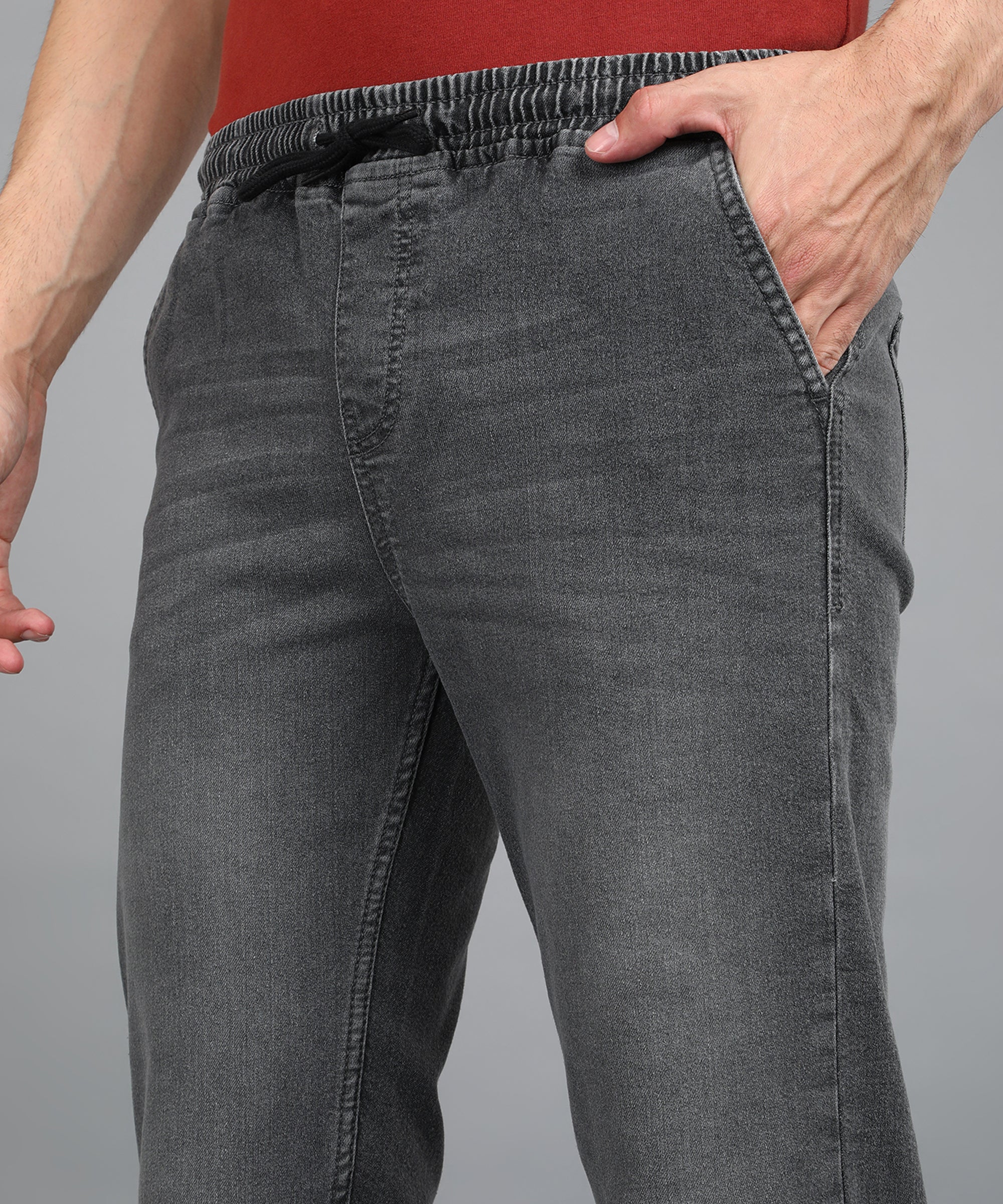 Men's Grey Regular Fit Washed Jogger Jeans Stretchable - Image 6
