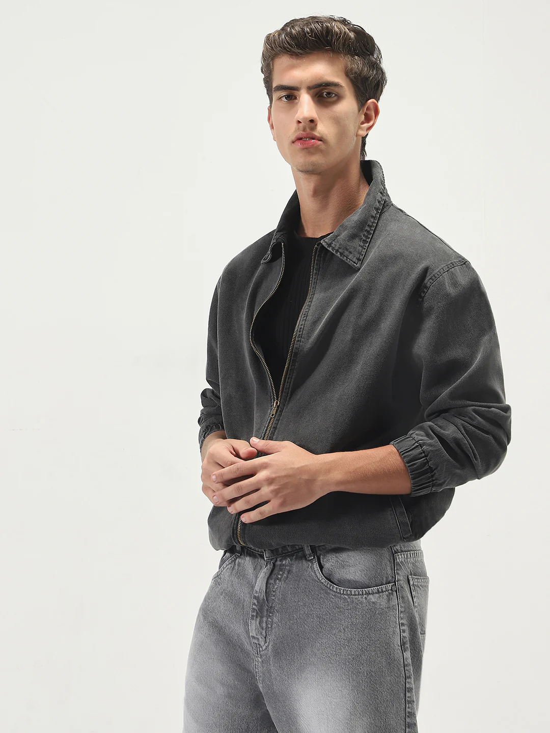Men's Grey Relaxed Fit Full Sleeve Harrington Denim Jacket - Image 3