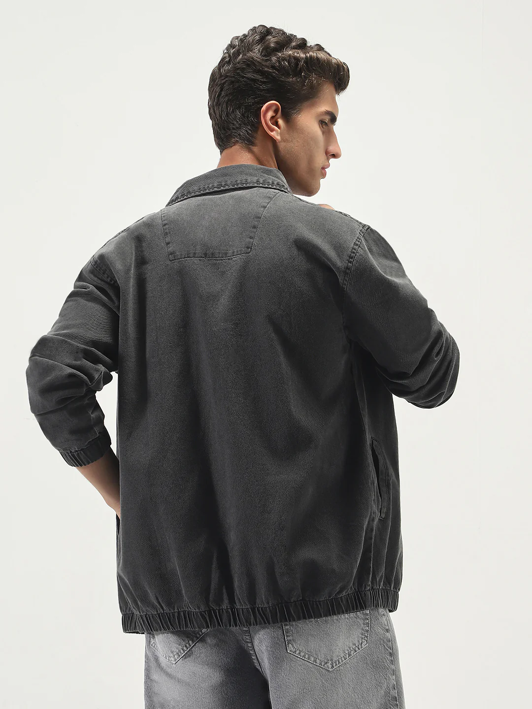 Men's Grey Relaxed Fit Full Sleeve Harrington Denim Jacket - Image 4