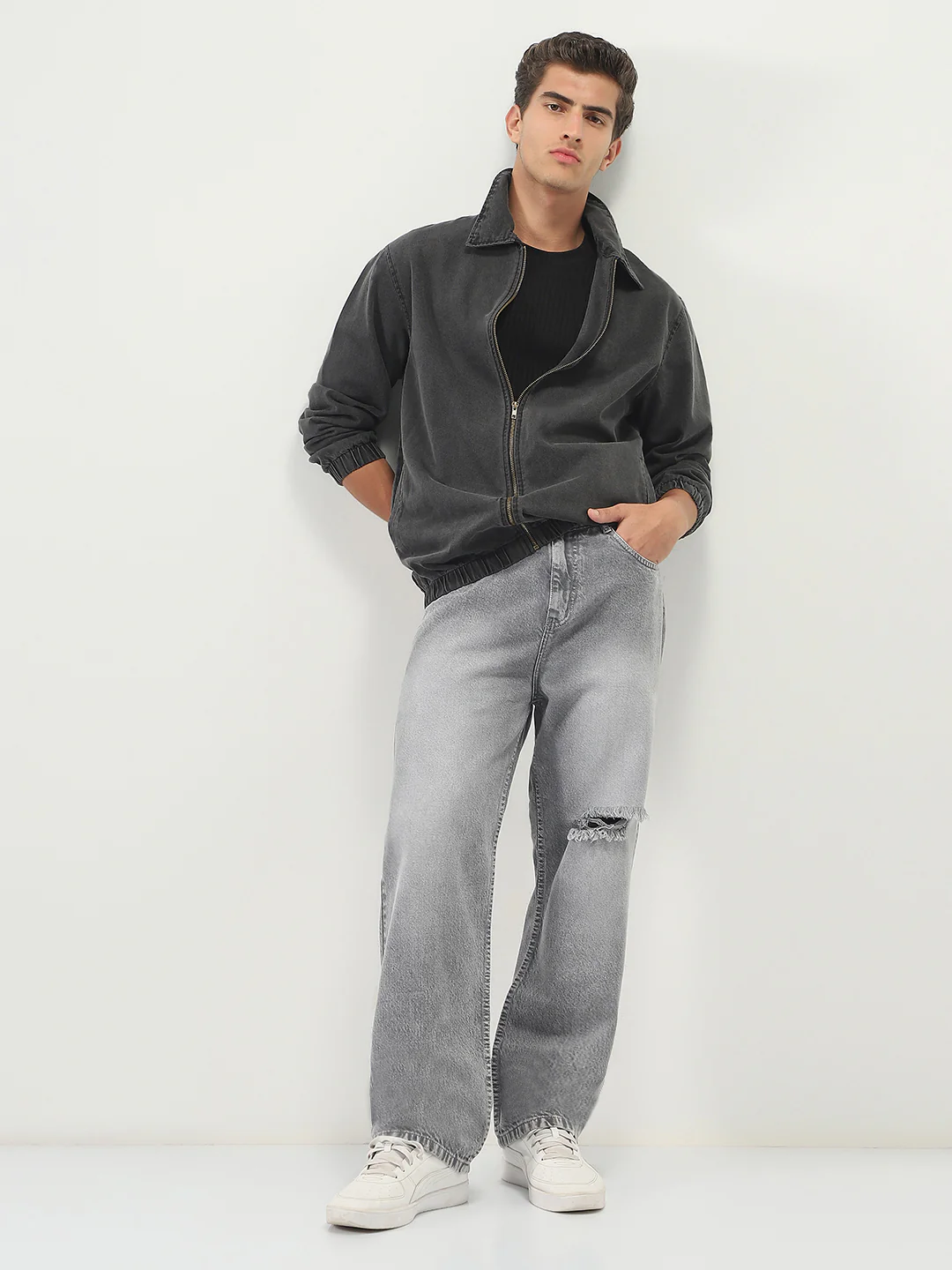 Men's Grey Relaxed Fit Full Sleeve Harrington Denim Jacket - Image 5