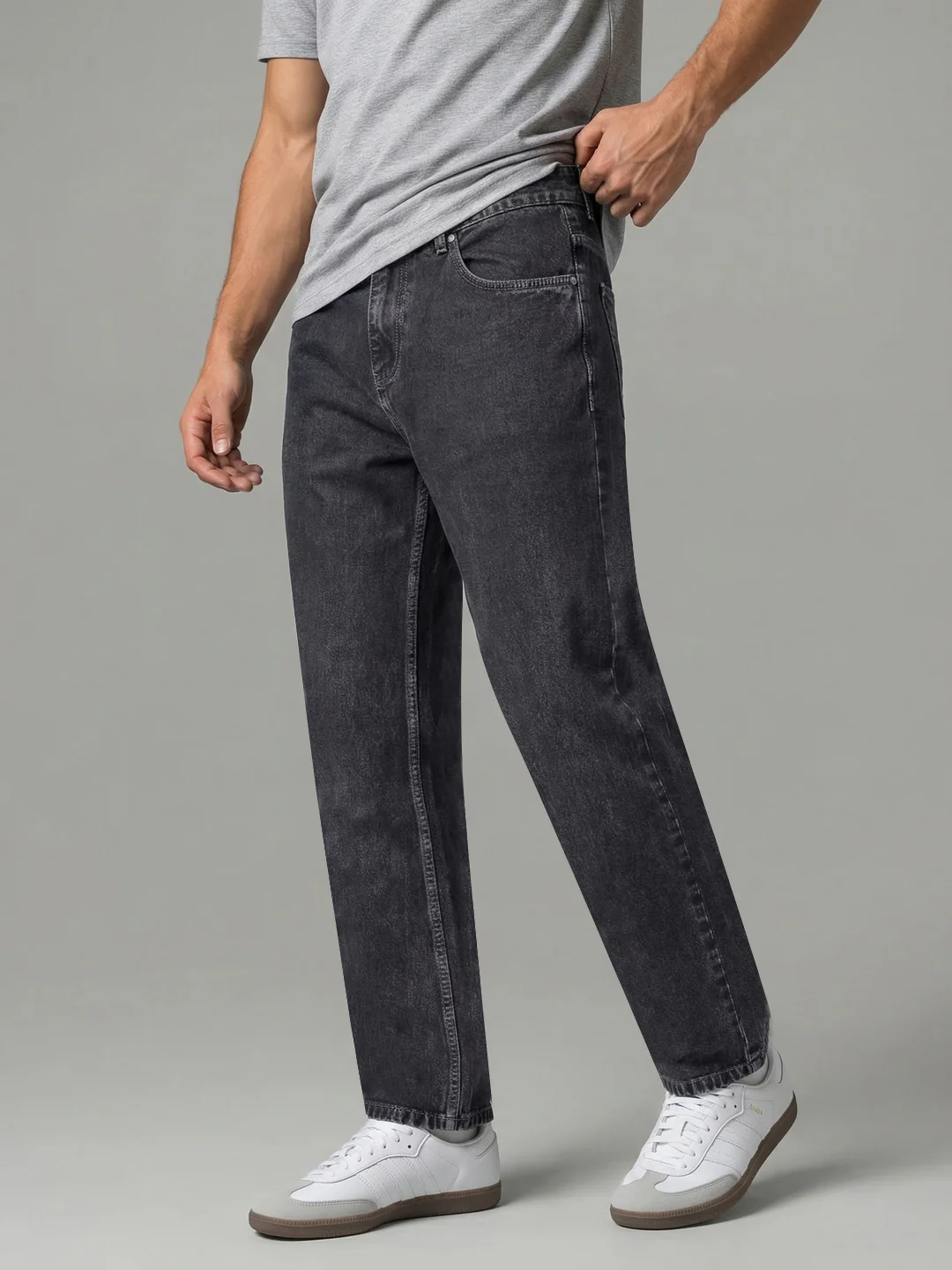 Men's Grey Relaxed Fit Washed Denim Jeans Non-Stretchable - Image 3
