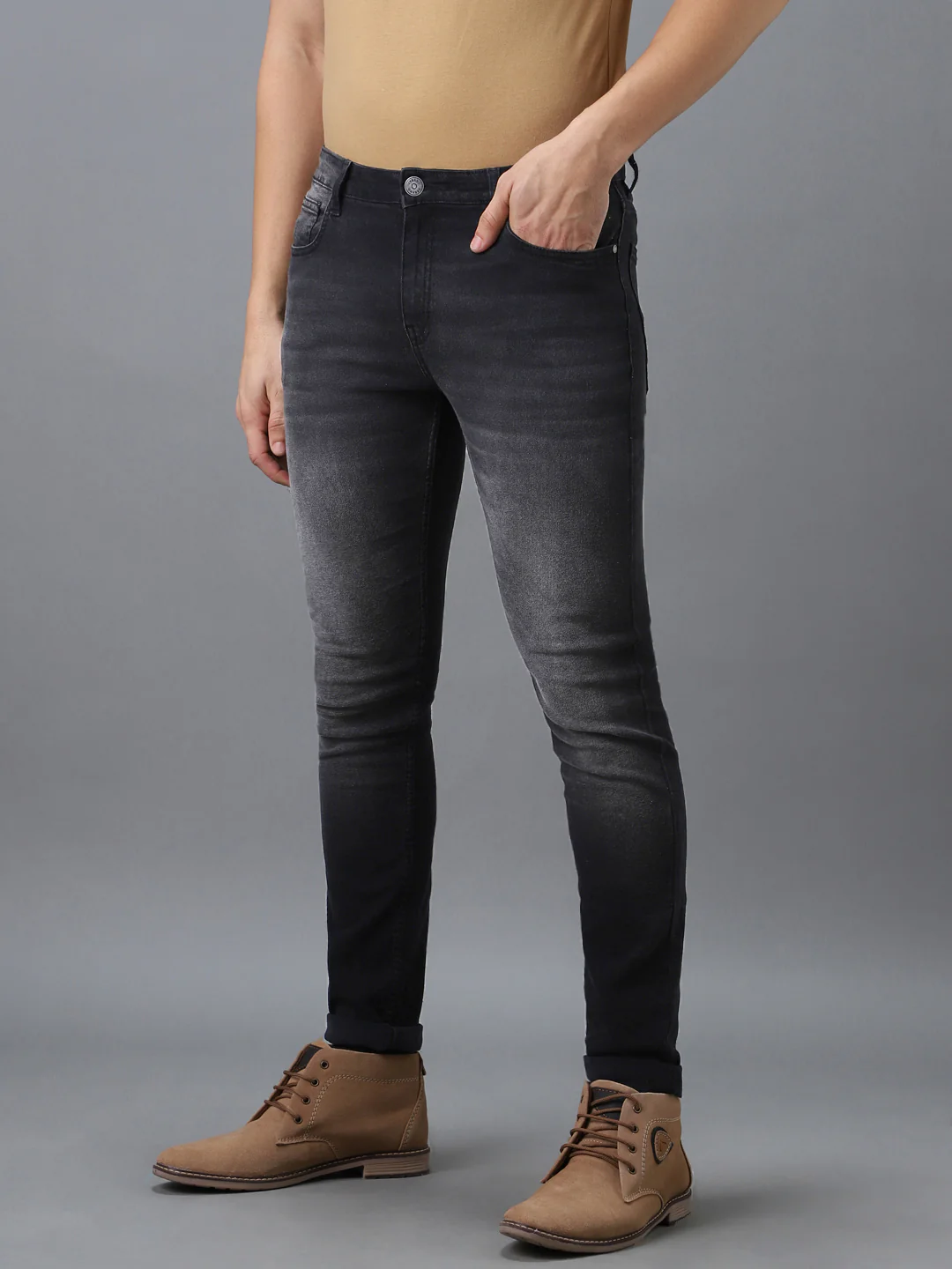 Men's Grey Slim Fit Heavy Washed Jeans Stretch - Image 2