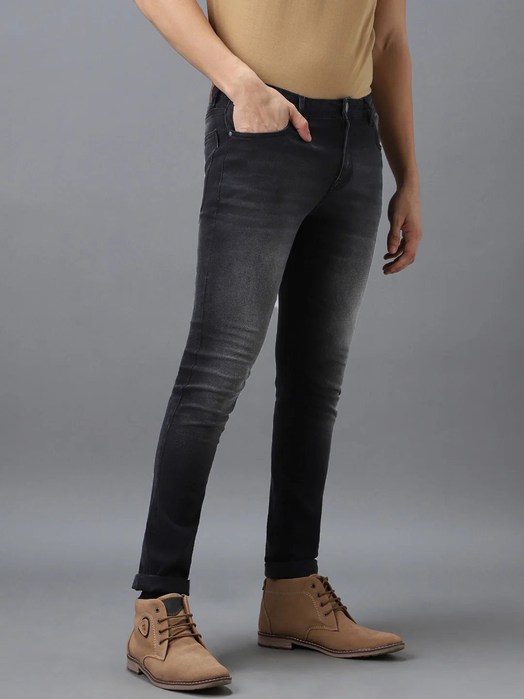 Men's Grey Slim Fit Heavy Washed Jeans Stretch - Image 3