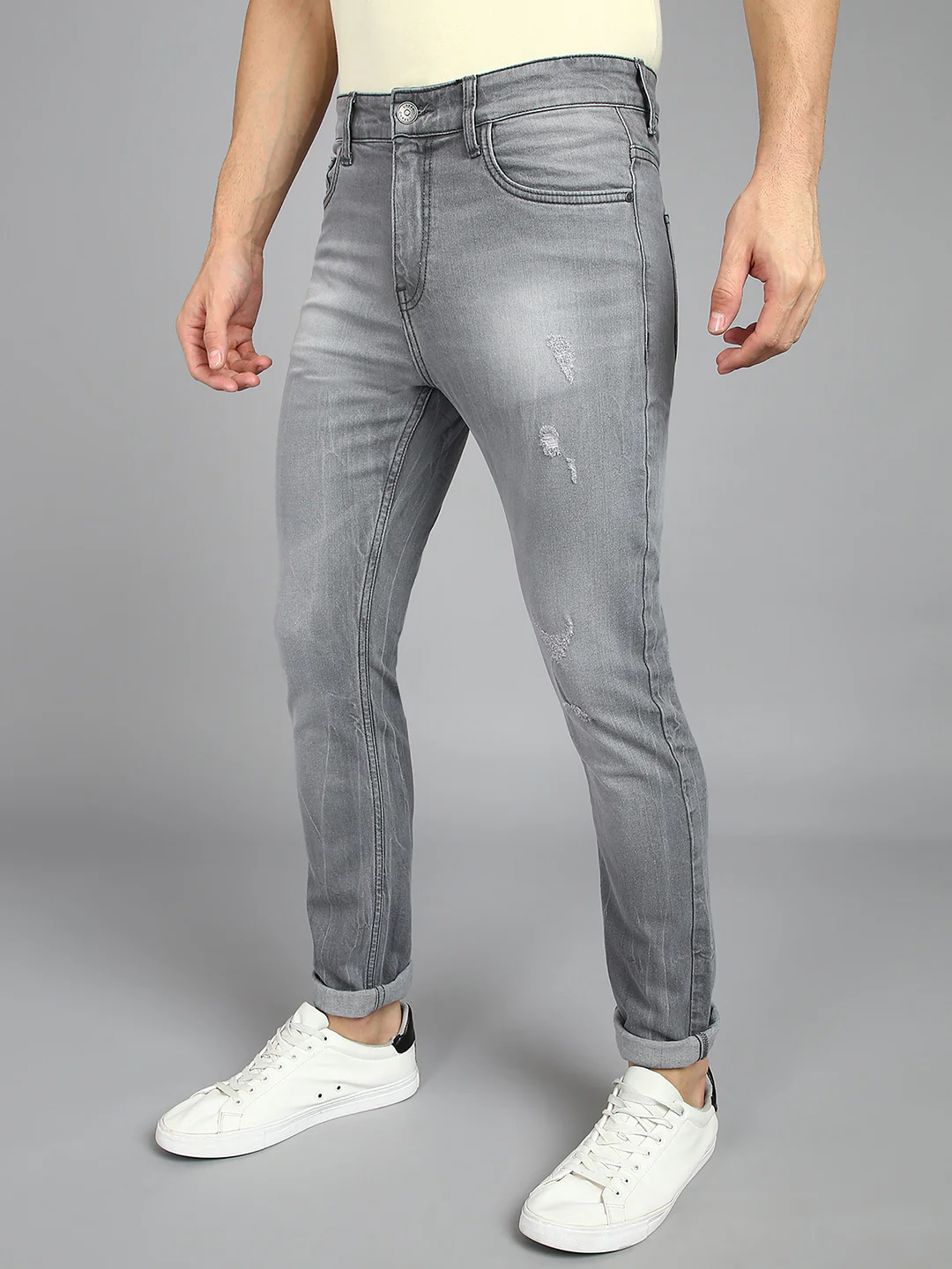 Men's Grey Slim Fit Heavy Washed Mild Distressed Jeans Stretchable - Image 2