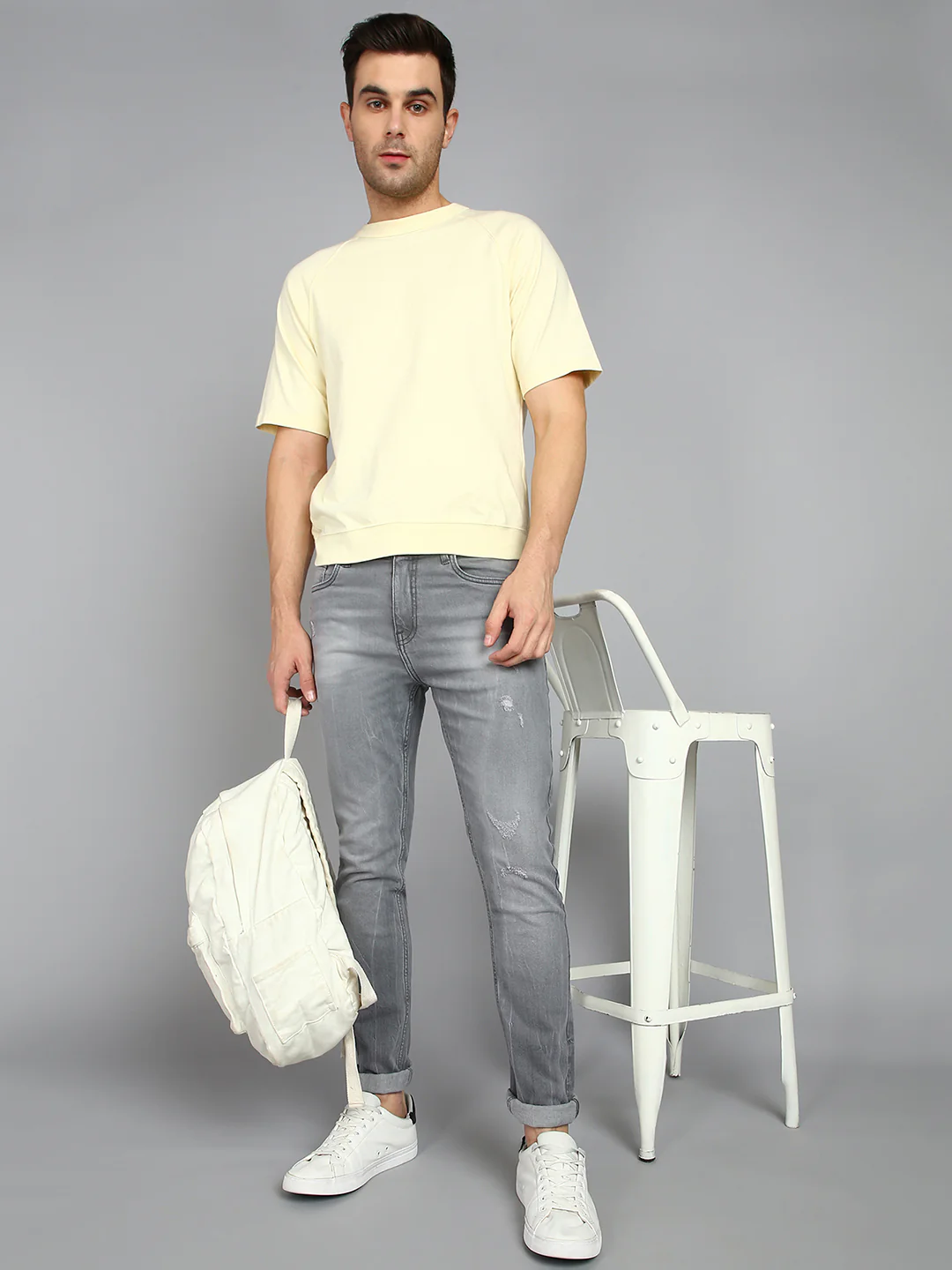 Men's Grey Slim Fit Heavy Washed Mild Distressed Jeans Stretchable - Image 4