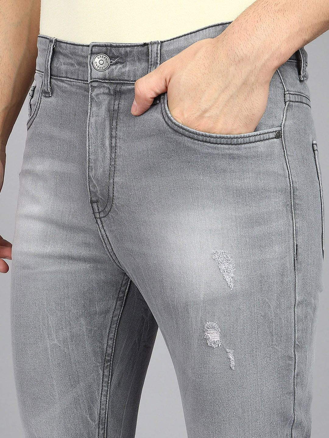 Men's Grey Slim Fit Heavy Washed Mild Distressed Jeans Stretchable - Image 5
