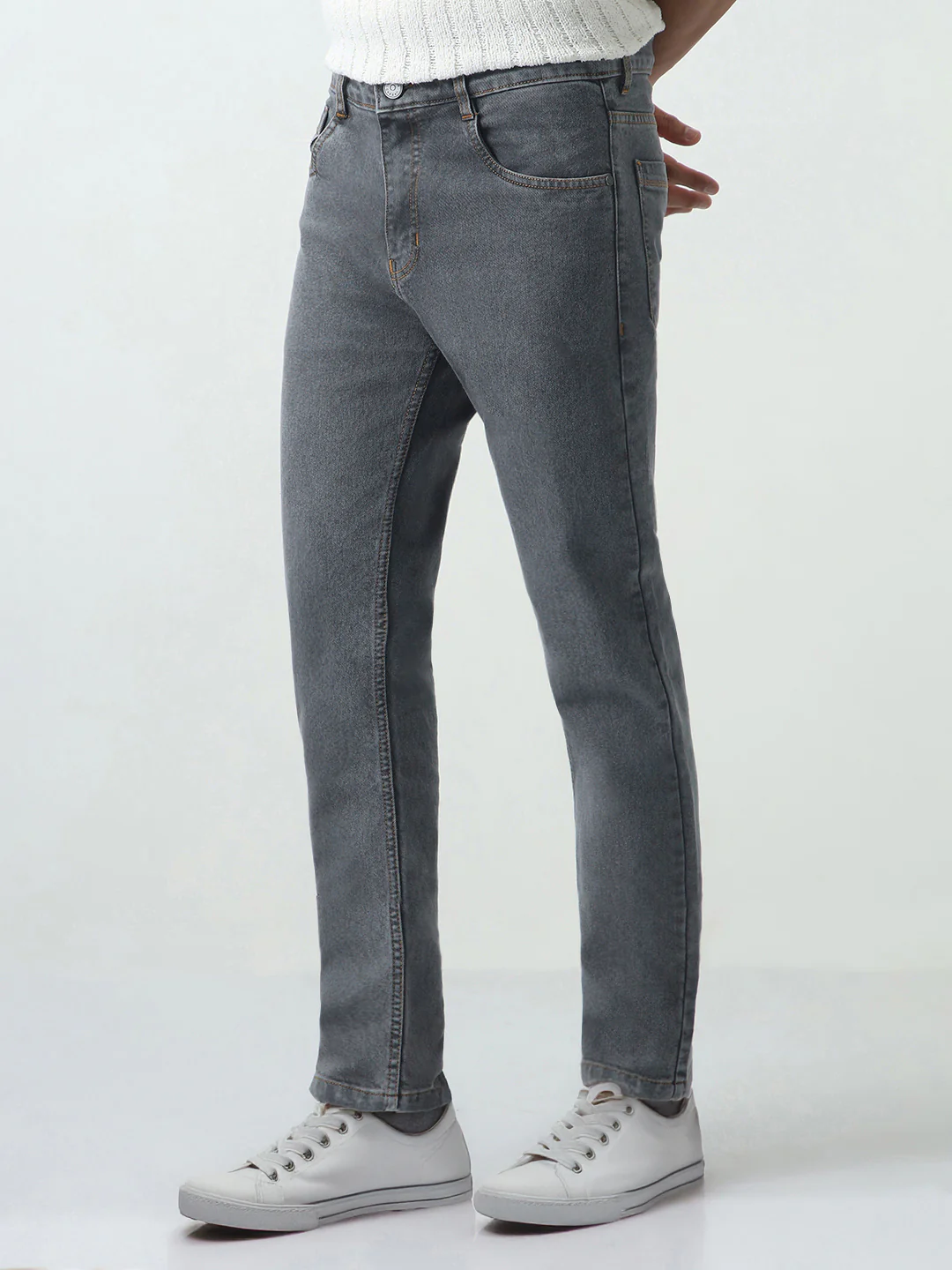 Men's Grey Slim Fit Washed Denim Jeans Stretchable - Image 3