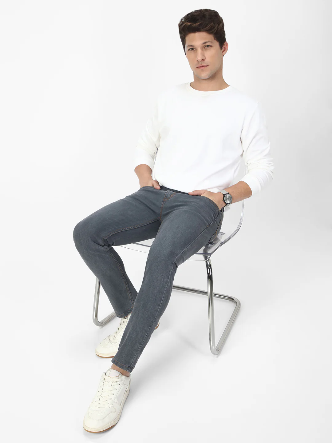Men's Grey Slim Fit Washed Jeans Stretchable - Image 5