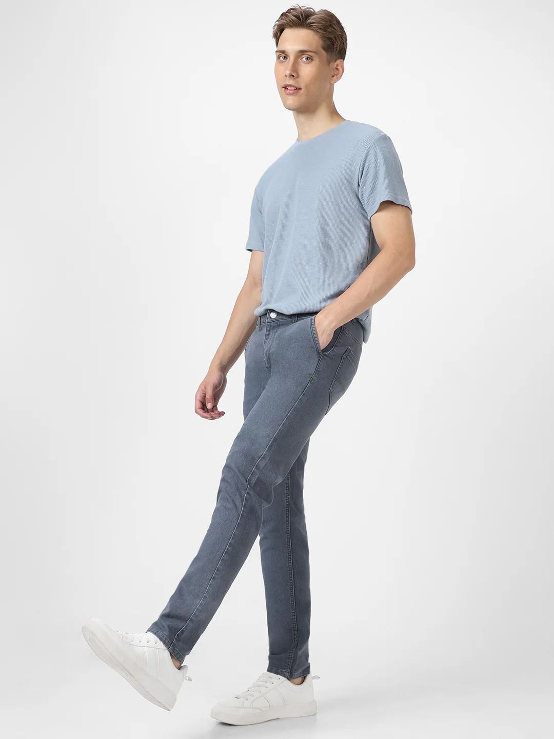 Men's Grey Slim Fit Washed Jeans Stretchable - Image 4