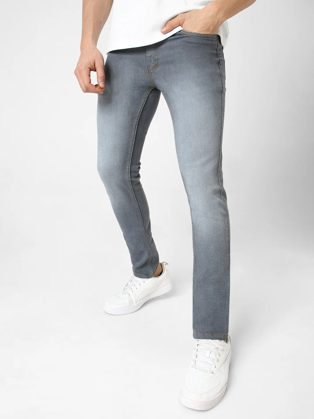 Men's Grey Slim Fit Washed Jeans Stretchable - Image 2