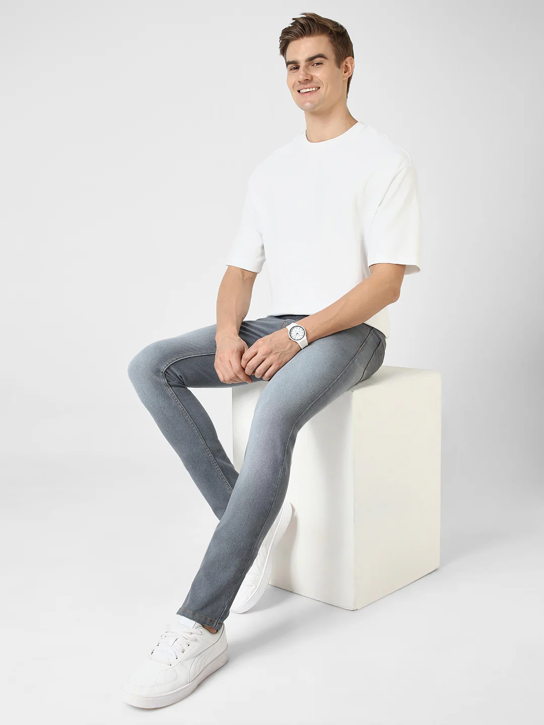 Men's Grey Slim Fit Washed Jeans Stretchable - Image 5