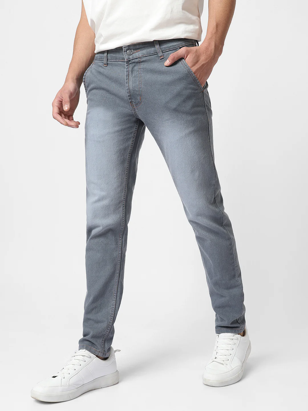 Men's Grey Slim Fit Washed Jeans Stretchable - Image 2