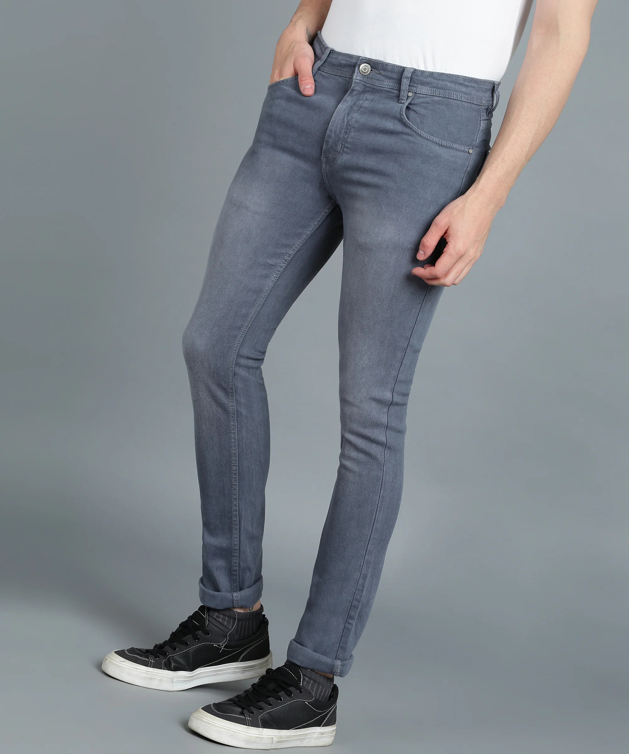 Men's Grey Slim Fit Washed Jeans Stretchable - Image 2