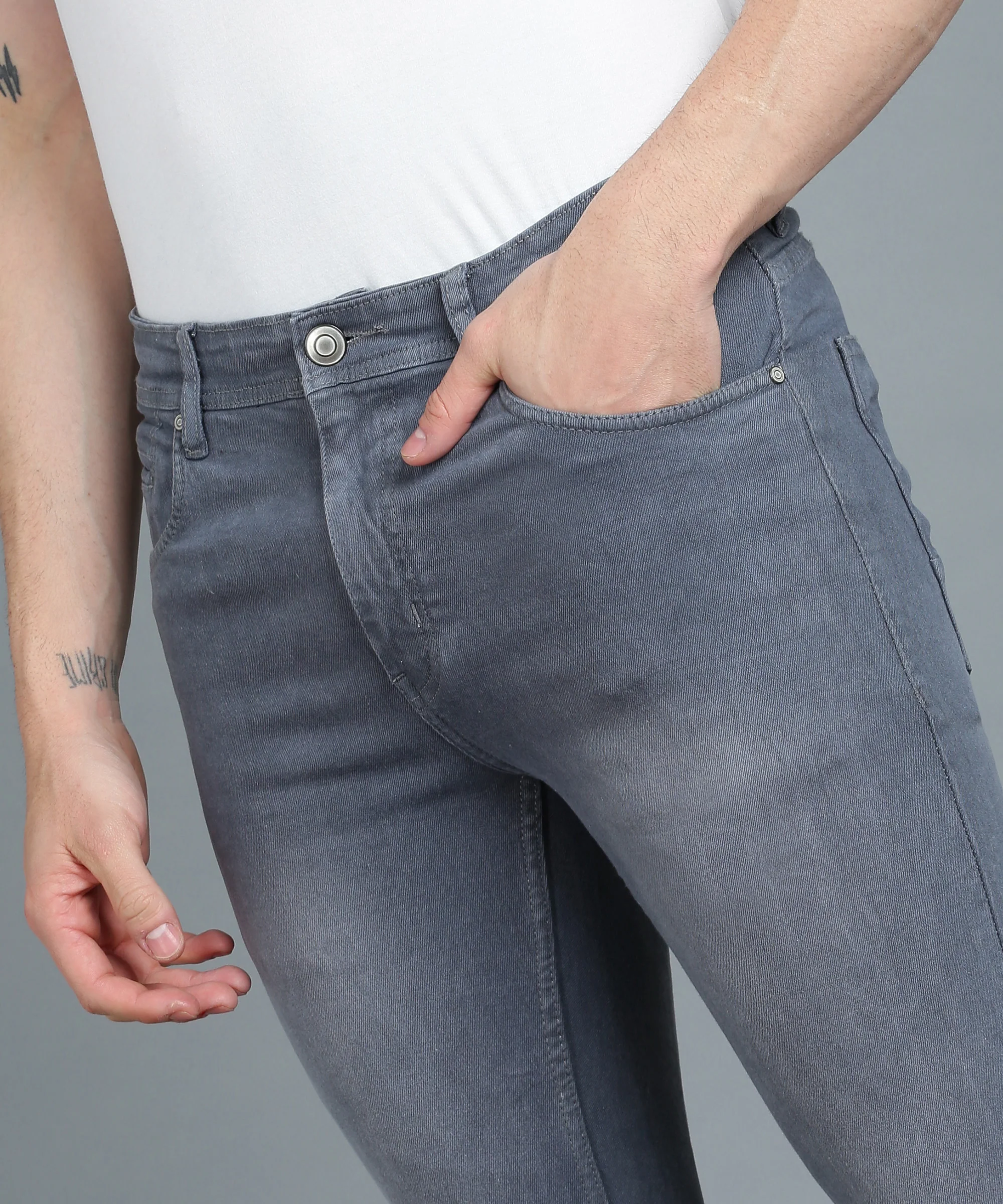 Men's Grey Slim Fit Washed Jeans Stretchable - Image 5