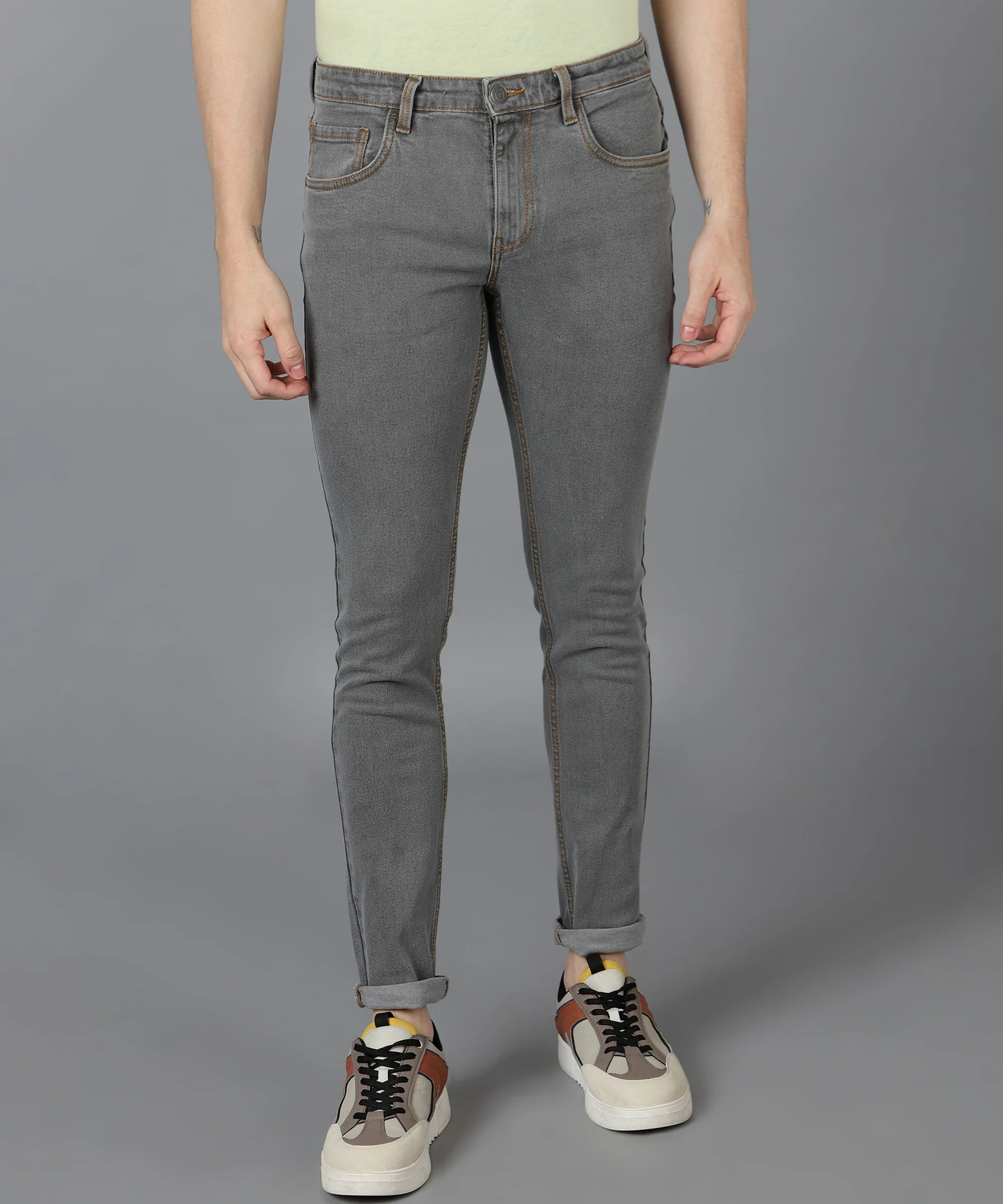 Men's Grey Slim Fit Washed Jeans Stretchable