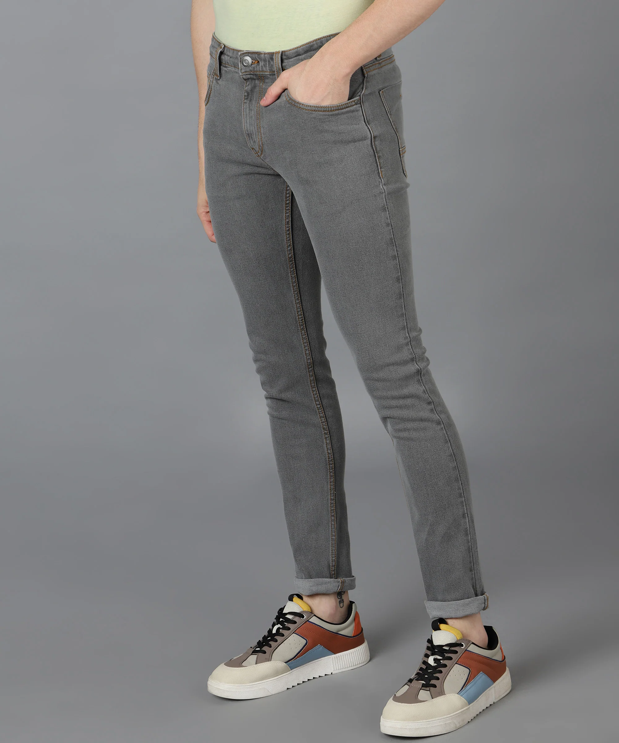 Men's Grey Slim Fit Washed Jeans Stretchable - Image 2