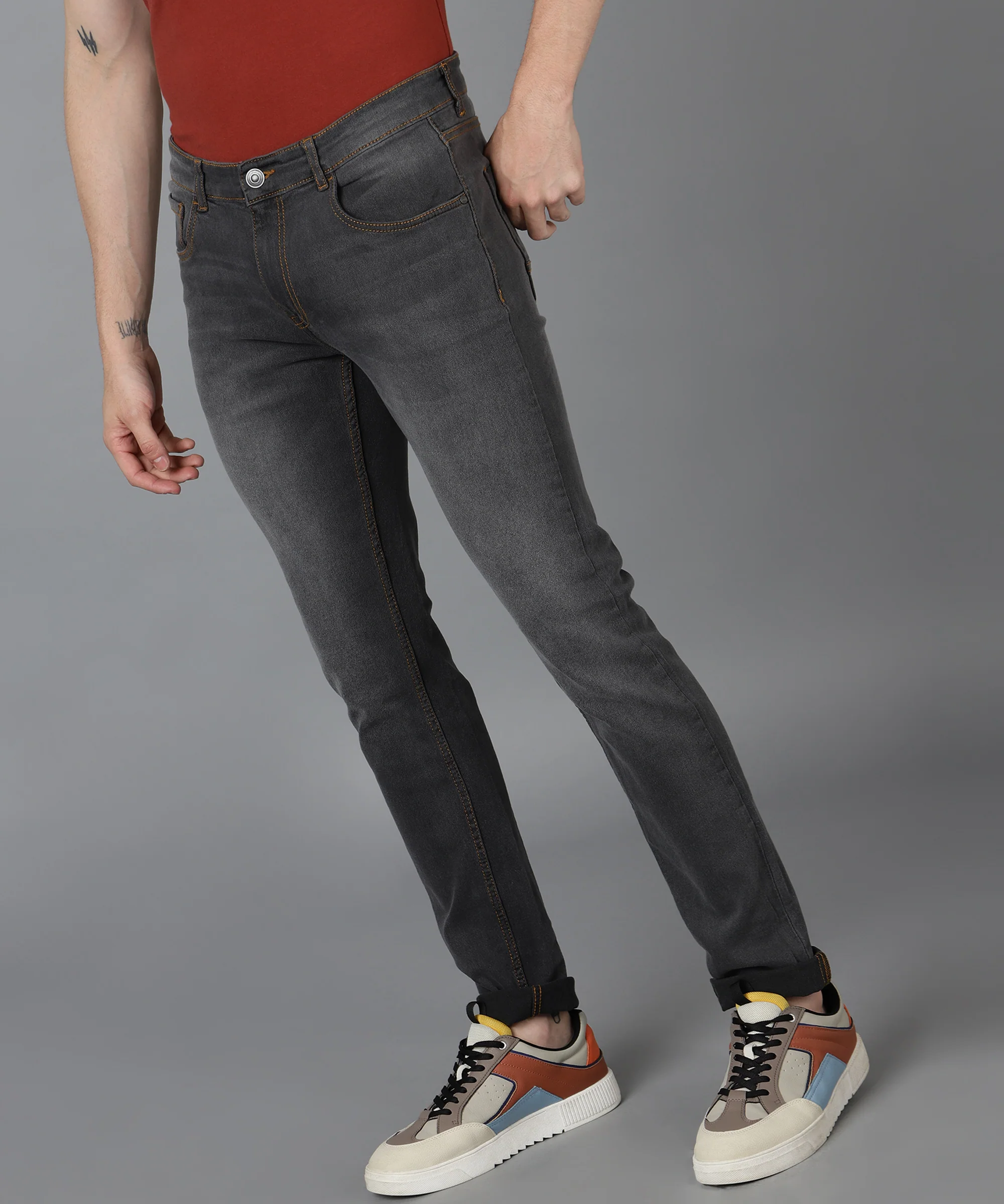 Men's Grey Slim Fit Washed Jeans Stretchable - Image 2