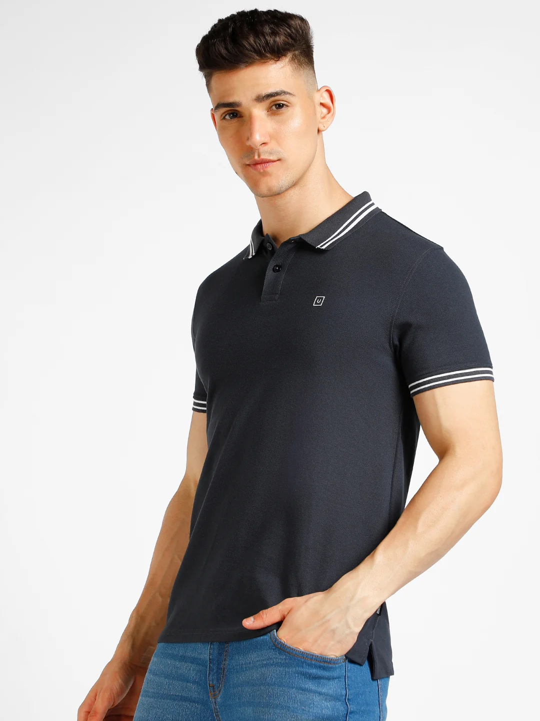Men's Grey Solid Slim Fit Half Sleeve Cotton Polo T-Shirt - Image 2