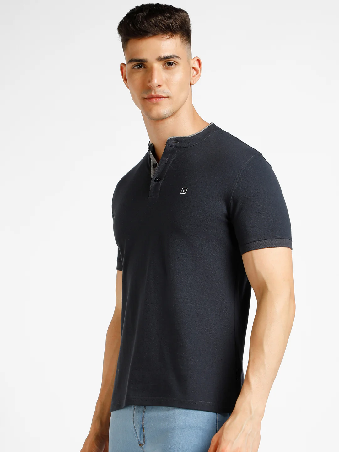 Men's Grey Solid Slim Fit Half Sleeve Cotton Polo T-Shirt with Mandarin Collar - Image 2
