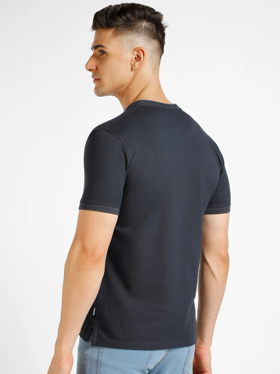 Men's Grey Solid Slim Fit Half Sleeve Cotton Polo T-Shirt with Mandarin Collar - Image 3