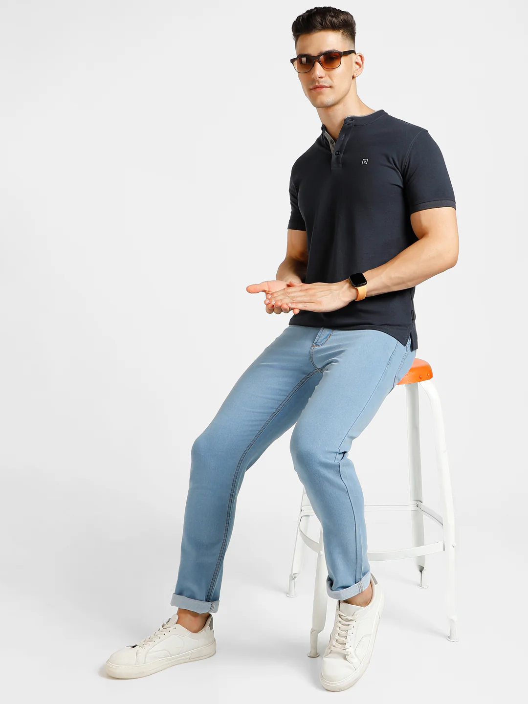 Men's Grey Solid Slim Fit Half Sleeve Cotton Polo T-Shirt with Mandarin Collar - Image 4