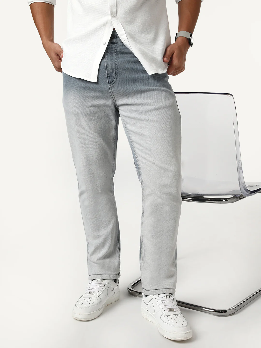 Men's Grey Straight Fit Heavy Washed Faded Denim Jeans Stretchable - Image 2