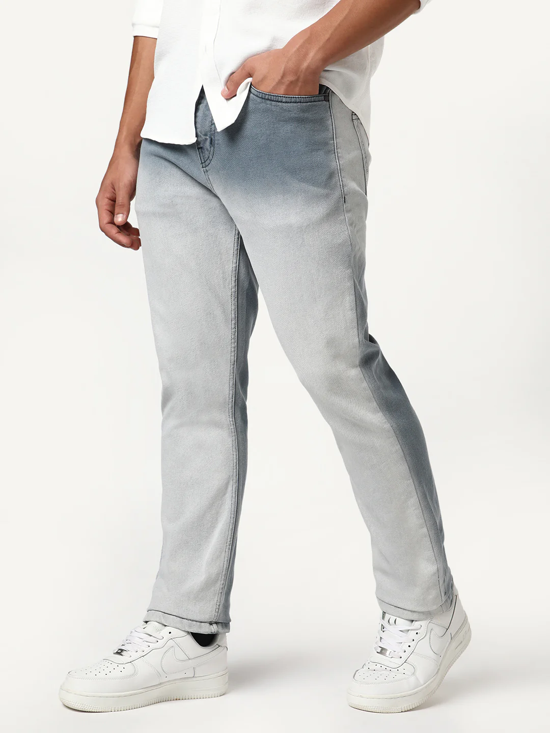 Men's Grey Straight Fit Heavy Washed Faded Denim Jeans Stretchable - Image 3