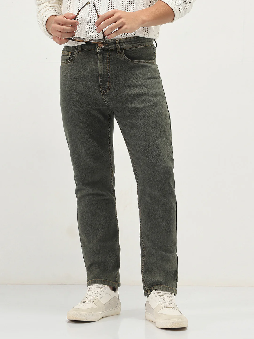 Men's Grey Straight Fit Heavy Washed Jeans Stretchable