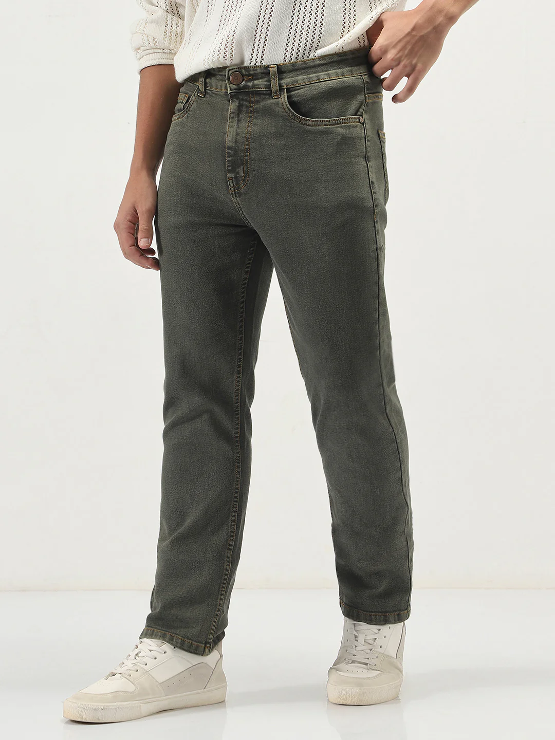 Men's Grey Straight Fit Heavy Washed Jeans Stretchable - Image 2
