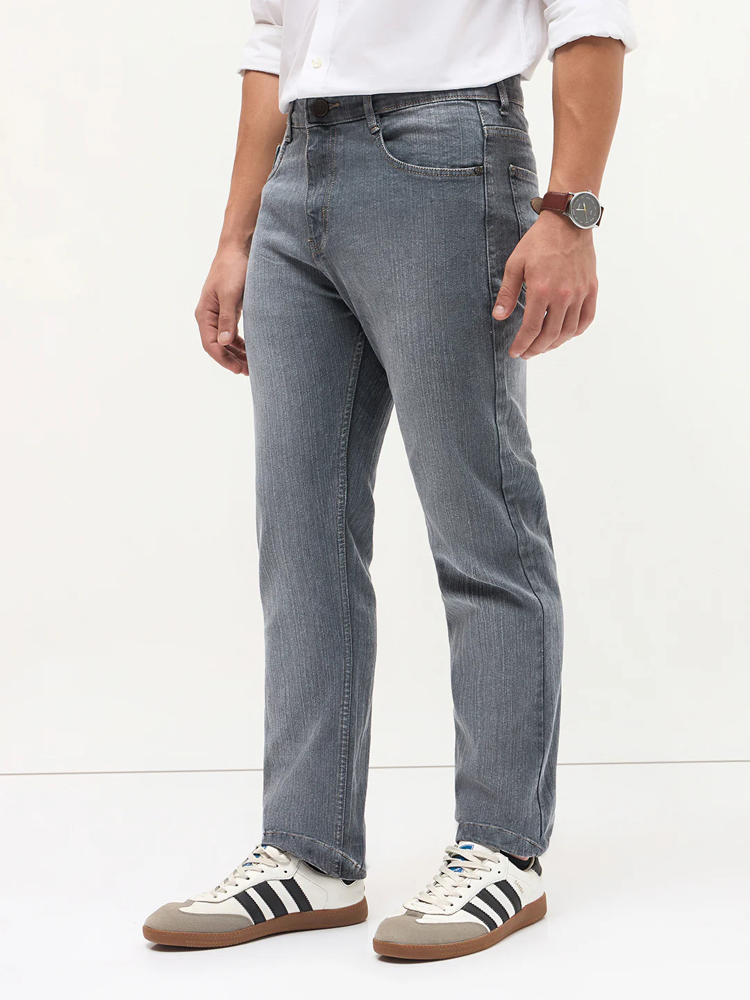 Men's Grey Straight Fit Washed Denim Jeans Stretchable - Image 3