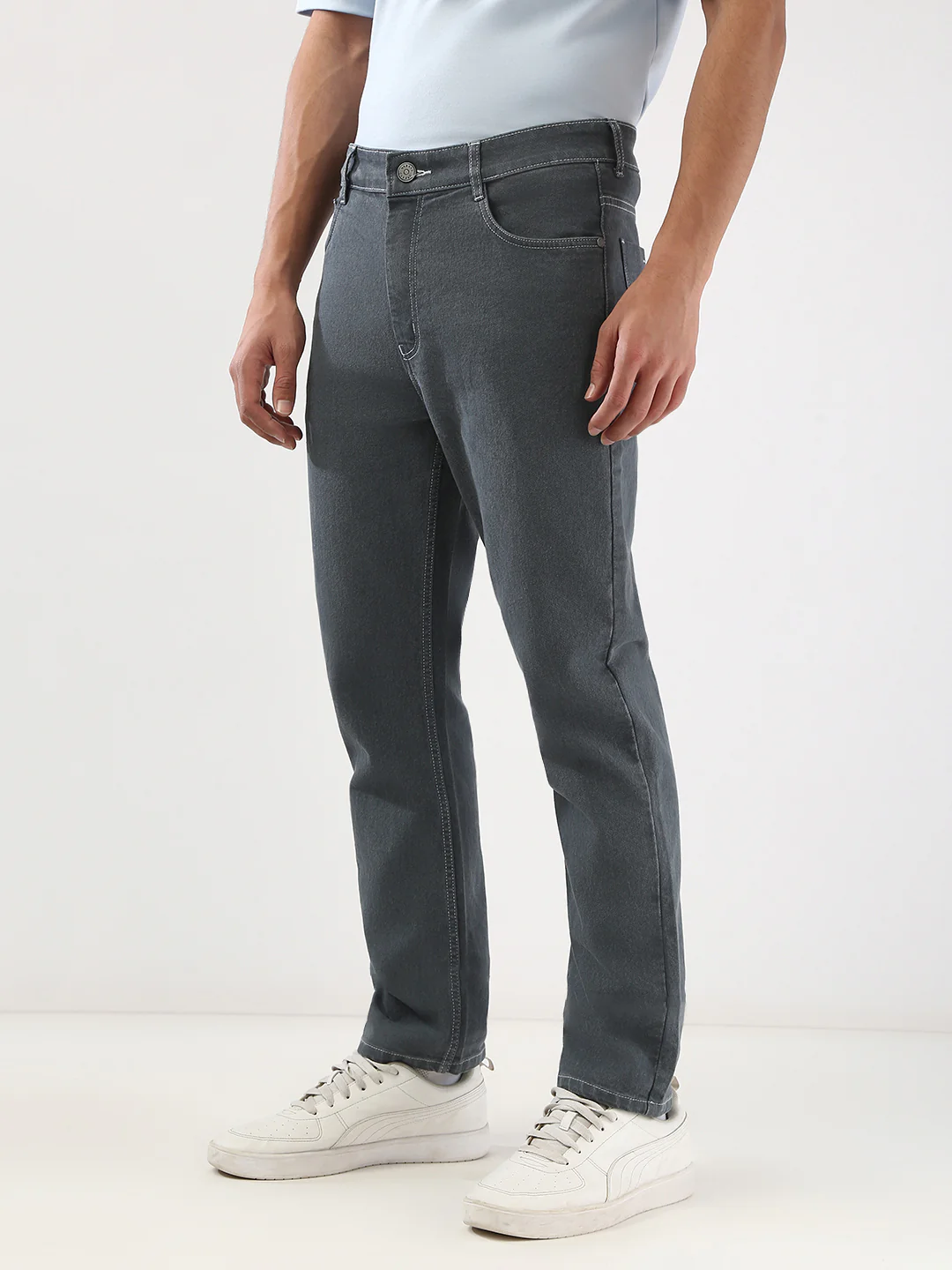 Men's Grey Straight Fit Washed Jeans Stretchable - Image 3