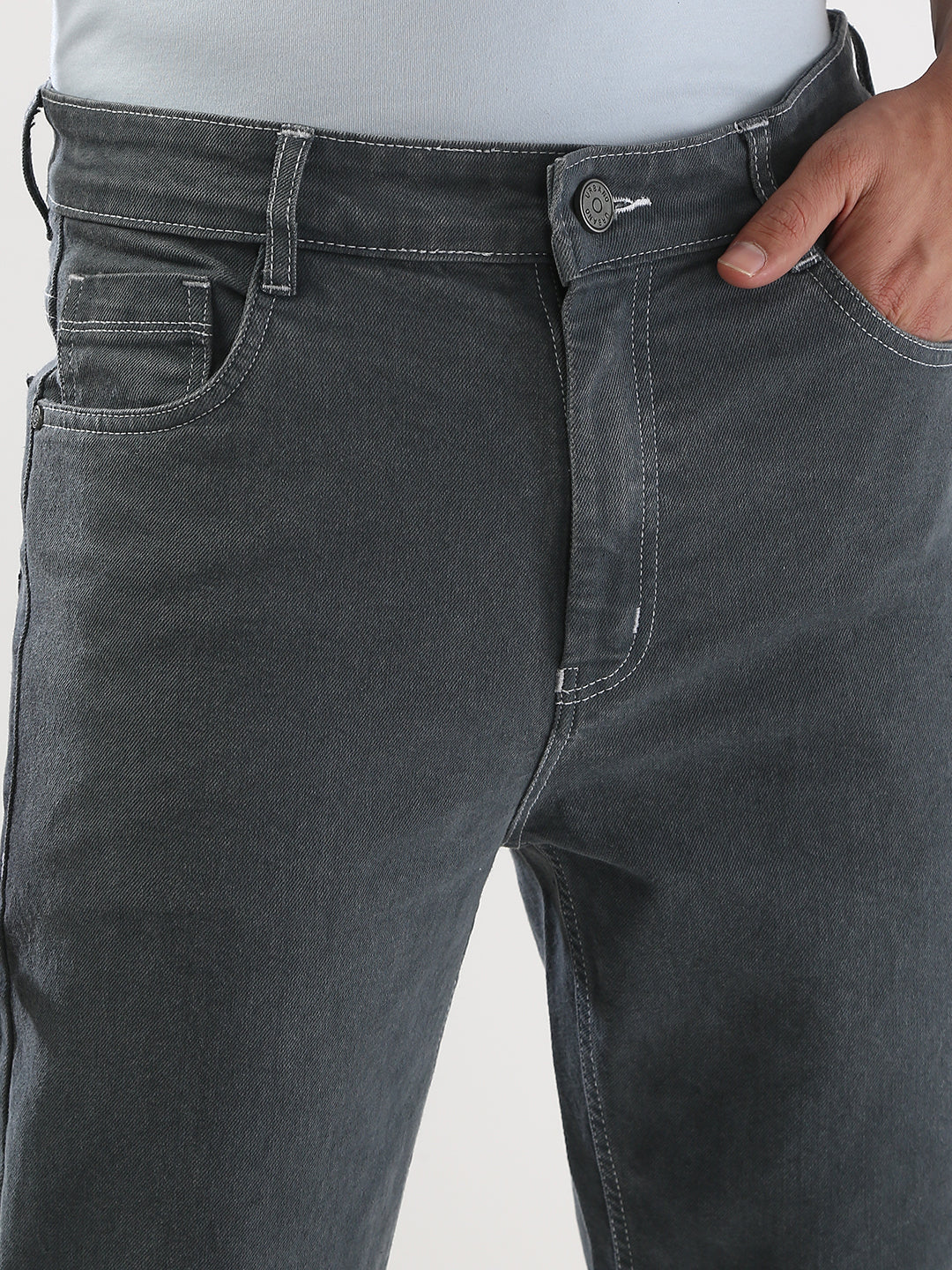 Men's Grey Straight Fit Washed Jeans Stretchable - Image 6