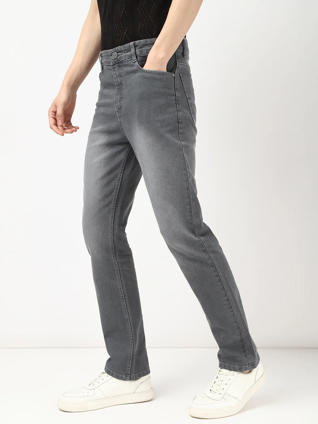 Men's Grey Straight Fit Washed Jeans Stretchable - Image 3
