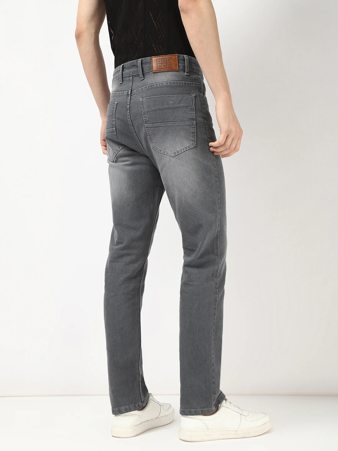 Men's Grey Straight Fit Washed Jeans Stretchable - Image 4