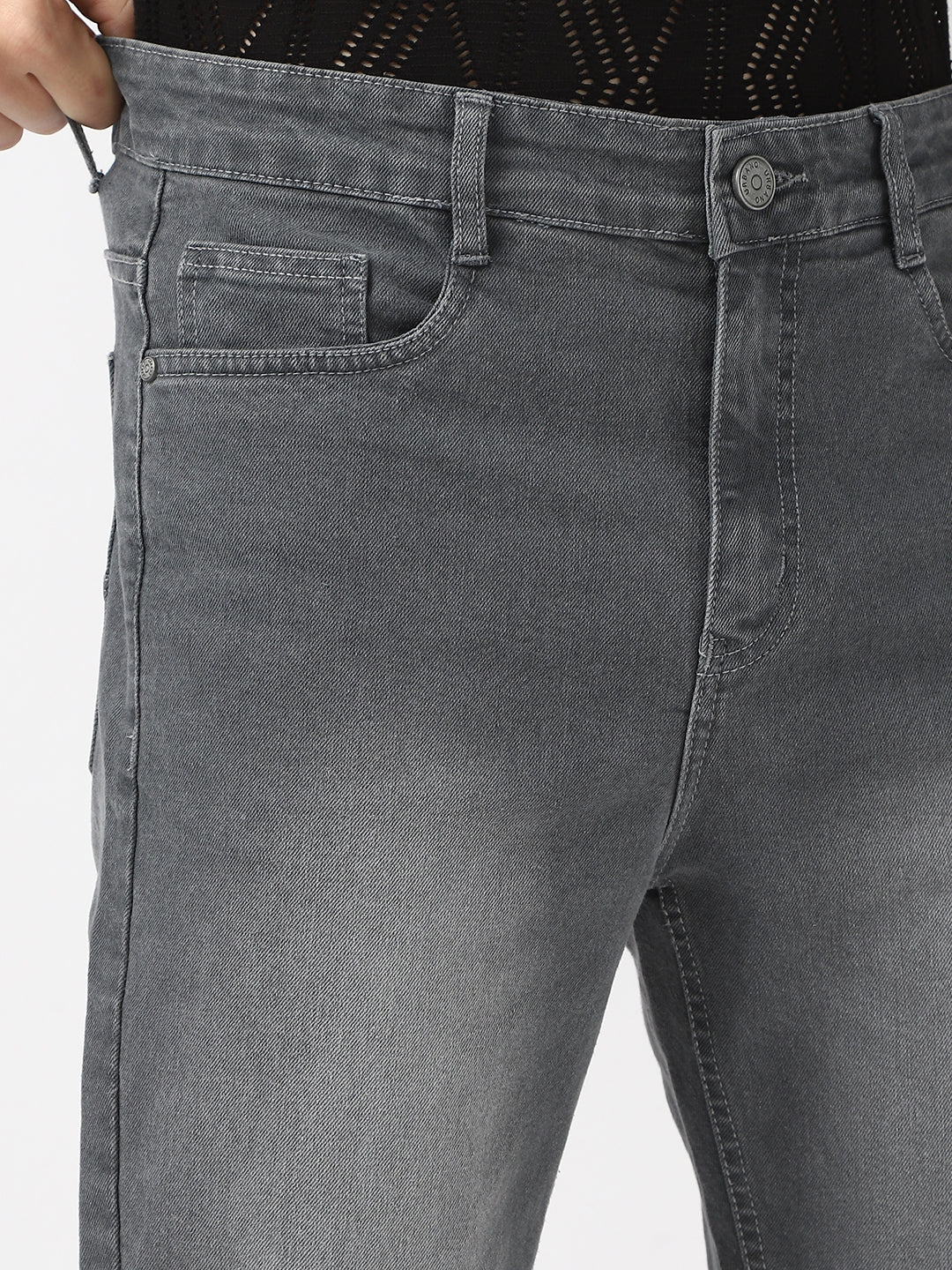 Men's Grey Straight Fit Washed Jeans Stretchable - Image 6