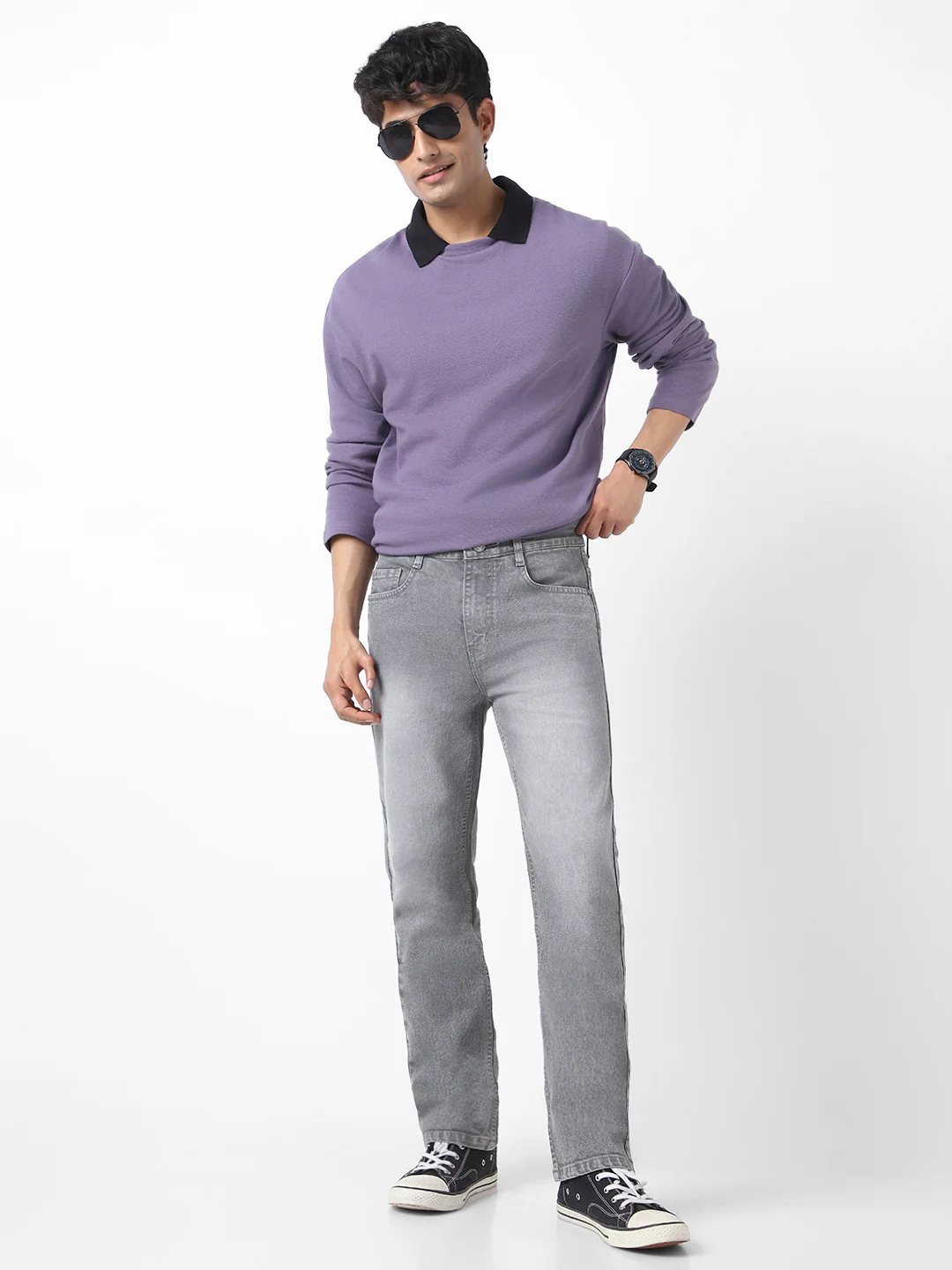Men's Grey Straight Fit Washed Jeans Stretchable - Image 4