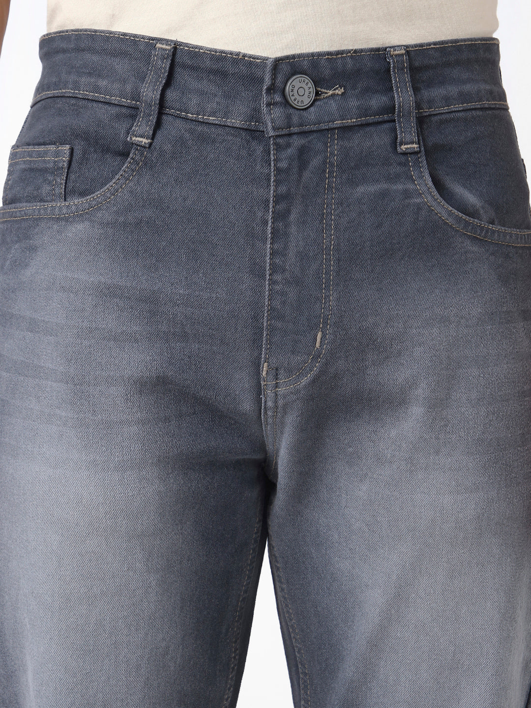 Men's Grey Straight Fit Washed Jeans Stretchable - Image 4