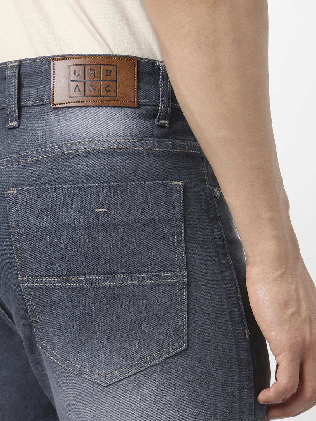Men's Grey Straight Fit Washed Jeans Stretchable - Image 5