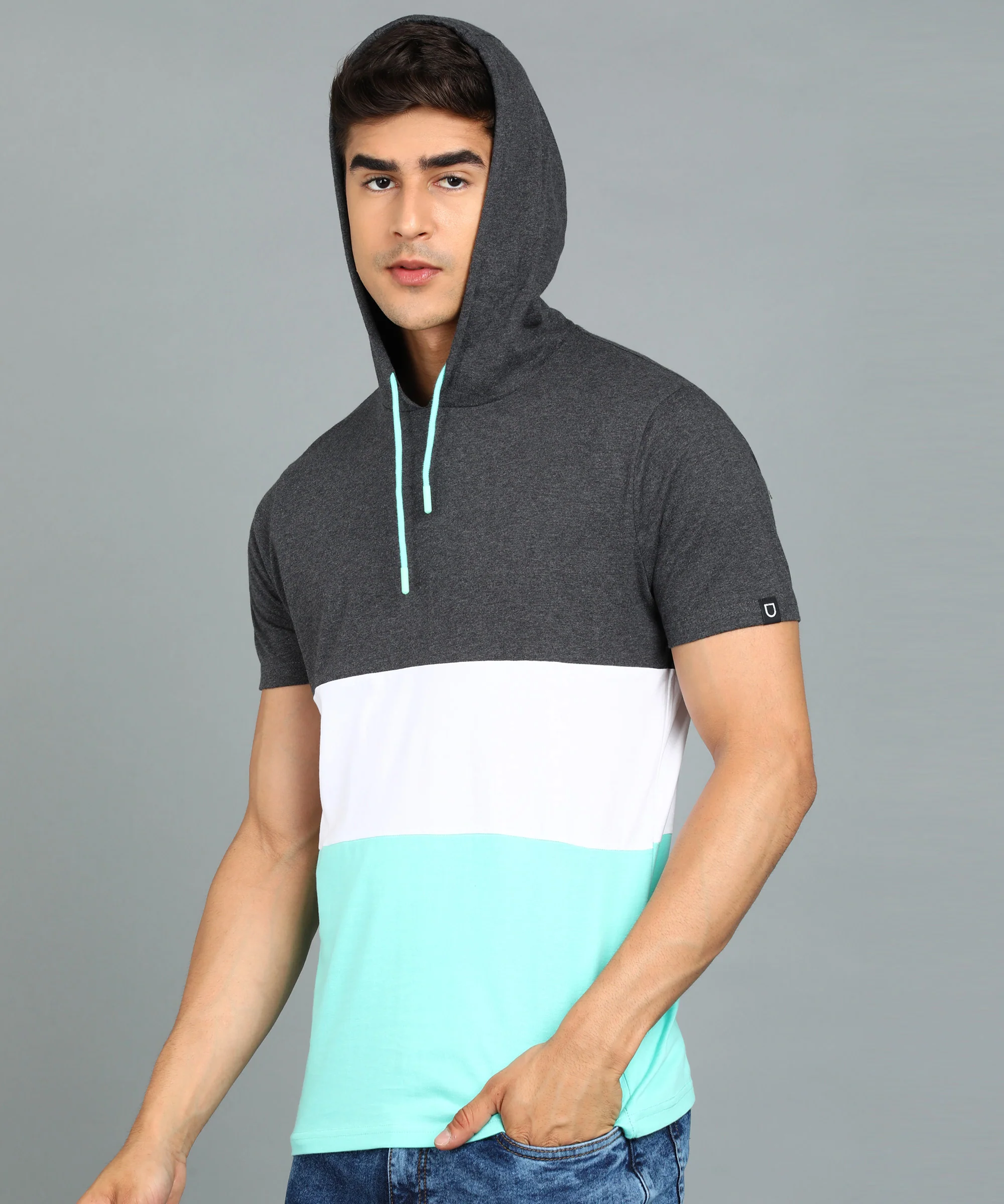 Men's Grey, White, Green Cotton Slim Fit Half Sleeve Hooded T-Shirt - Image 2