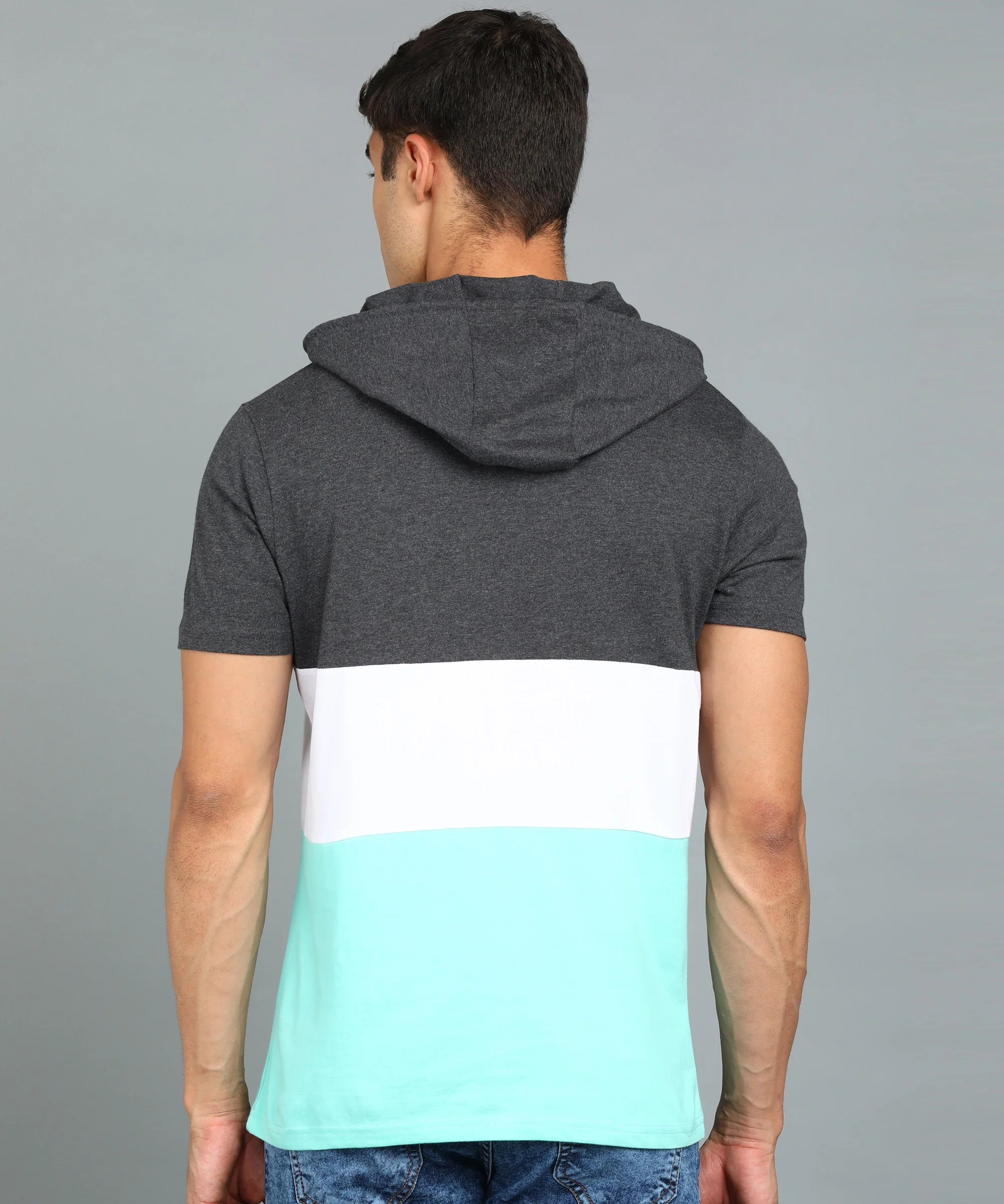 Men's Grey, White, Green Cotton Slim Fit Half Sleeve Hooded T-Shirt - Image 3