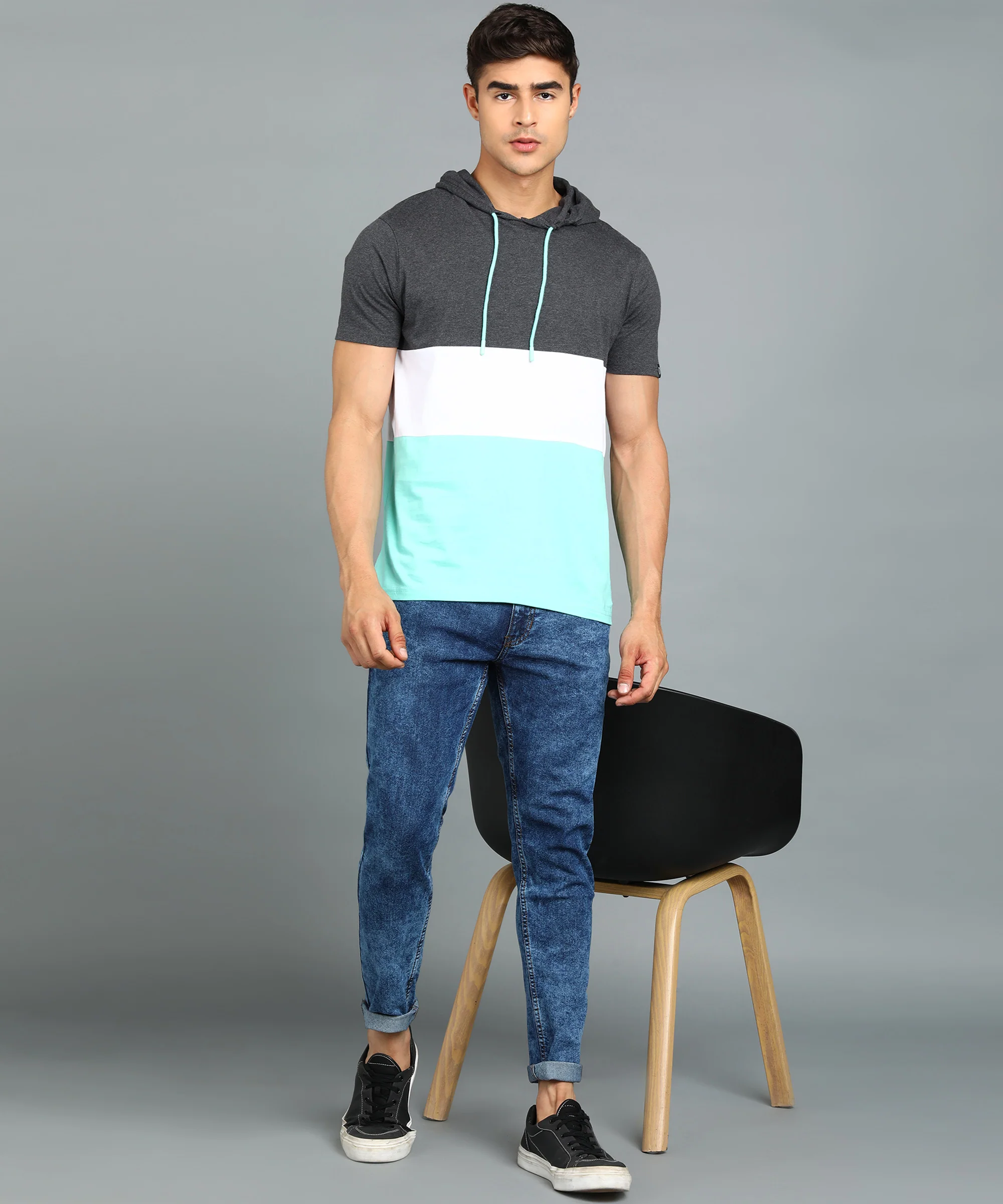 Men's Grey, White, Green Cotton Slim Fit Half Sleeve Hooded T-Shirt - Image 4